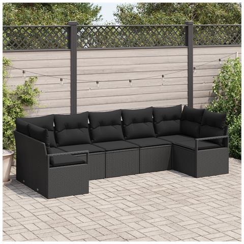 Set di Divano da Giardino 7 Pezzi con Cuscini Nero Polyrattan, Divano da Giardino 2 Posti con Cuscini Nero Polyrattan - Foto 2
