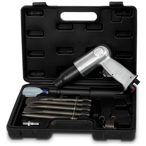 Martello Scalpello Pneumatico Con Set Di Utensili, Kit Da 10 Pezzi, Scalpello Ad Aria Da 175 Mm, 4500 Colpi/min, Con 5 Punte Incluse, Attacco 1/4"", In Valigetta Colore Argento Nero - Foto 1