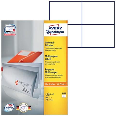 Etichetta multiuso - 105 mm Larghezza x 74 mm Lunghezza - 800 / Pacco - Rettangolo - 4 / Fogli - Carta - Laser, Getto d'inchiostro - Bianco - Foto 1