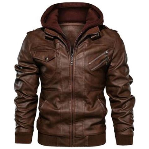 SLOWMOOSE - Giacca Di Pelle Da Uomo Casual Moto Genuina Con Cappuccio [  marrone / L] - ePRICE