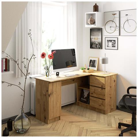 Scrivania ad angolo B20 destro, 1 anta e 3 cassetti, 155x85x77 cm, Colore Quercia Artisan - Foto 4