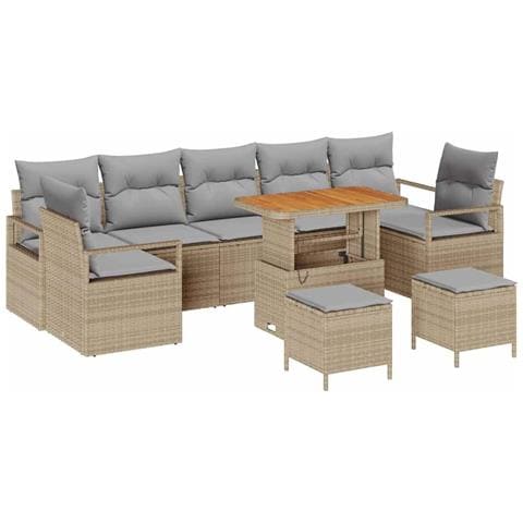 Set da Giardino da 10 Pezzi con Cuscini Beige Polirattan Acacia, Divano da Giardino da 2 Posti con Cuscini Beige Polirattan, Set da Pranzo da Giardino da 3 Pezzi con Cuscini Beige Polirattan Acacia - Foto 1