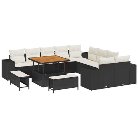 Set di Divani da Giardino con Cuscini Neri in Polyrattan Acacia da 13 Pezzi, Set di Tavoli e Sedie da Giardino con Cuscini Neri in Polyrattan Acacia da 3 Pezzi - Foto 1