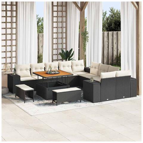Set di Divani da Giardino con Cuscini Neri in Polyrattan Acacia da 13 Pezzi, Set di Tavoli e Sedie da Giardino con Cuscini Neri in Polyrattan Acacia da 3 Pezzi - Foto 2