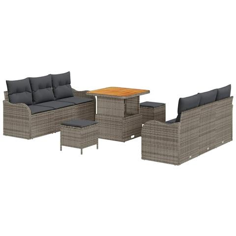 Set Divano Giardino Modulare 9 Pezzi con Cuscini Grigio Rattan Acacia, Divano Giardino a 2 Posti con Cuscini Grigio Rattan, Set Pranzo Giardino 3 Pezzi con Cuscini Grigio Rattan Acacia - Foto 1