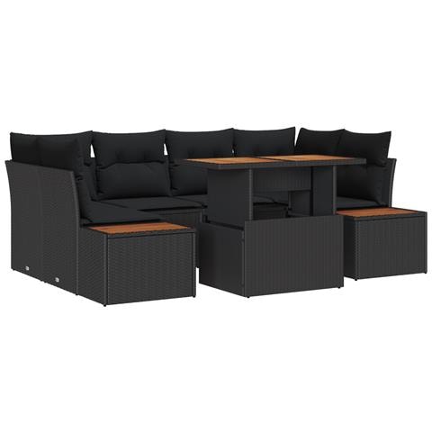 Set da Pranzo da Giardino da 7 Pezzi con Cuscini Nero Poly Rattan Acacia - Foto 1