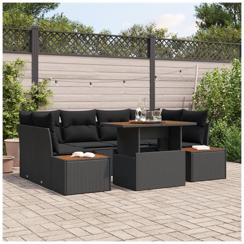 Set da Pranzo da Giardino da 7 Pezzi con Cuscini Nero Poly Rattan Acacia - Foto 2