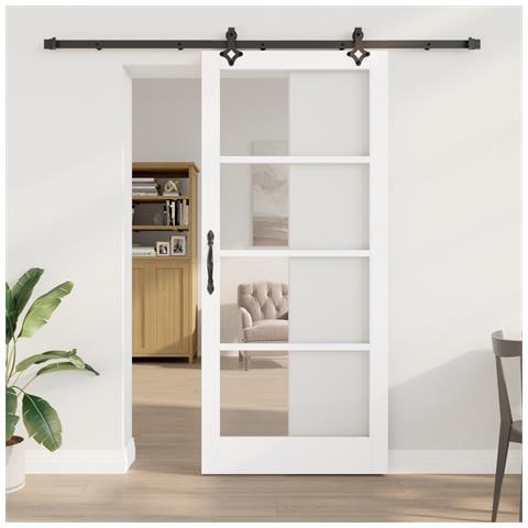 Porta Scorrevole con Set di Hardware Bianca 93x211 cm in Legno Massello di Pino, Porta Interna con Vetro 'ORKDAL'Bianca 93x211x4 cm - Foto 2