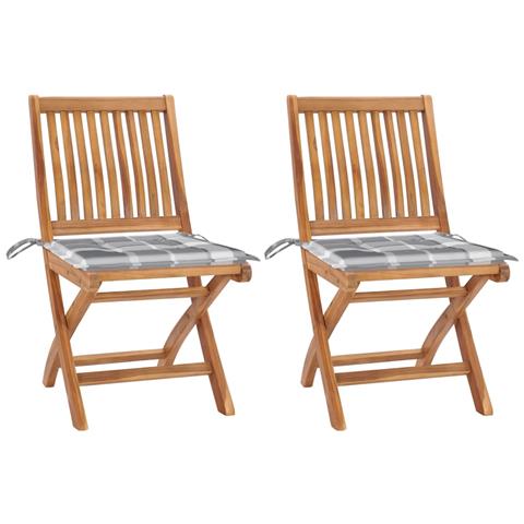 Sedie Giardino 2 Pz Con Cuscino Grigio A Quadri Massello Di Teak - Foto 2