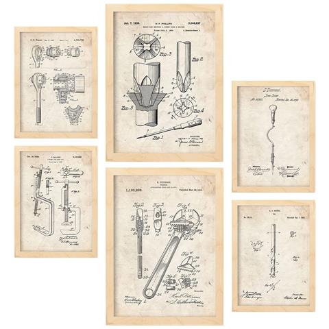Set Di 6 Stampe Con Strumenti Di Costruzione 1 Poster Di Brevetti Con Immagini Di Brevetti Retrò Design D'interni In Stile Vintage A3 & A4 Telaio In Legno Chiaro - Foto 1