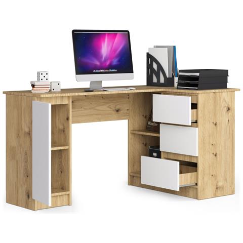 Scrivania ad angolo B20 destro, 1 anta e 3 cassetti, 155x85x77 cm, Colore Quercia Artisan e Bianco - Foto 2