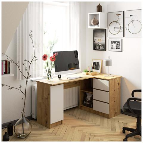 Scrivania ad angolo B20 destro, 1 anta e 3 cassetti, 155x85x77 cm, Colore Quercia Artisan e Bianco - Foto 4