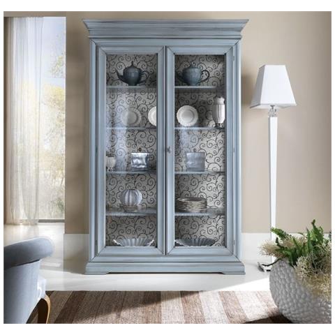 Vetrina 2 Porte Shabby Chic Azzurro In Legno L. 145 X P. 50 H. 215 - Foto 1