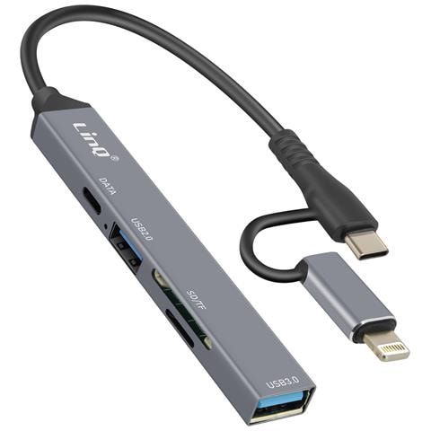 Hub Usb-c E Lightning Otg 1x Usb-c + 2x Usb + Lettore Scheda Sd / Tf, Nero - Foto 1