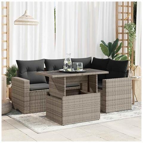 Set Divano Da Giardino 5 Pz Con Cuscini Grigio In Polyrattan - Foto 1