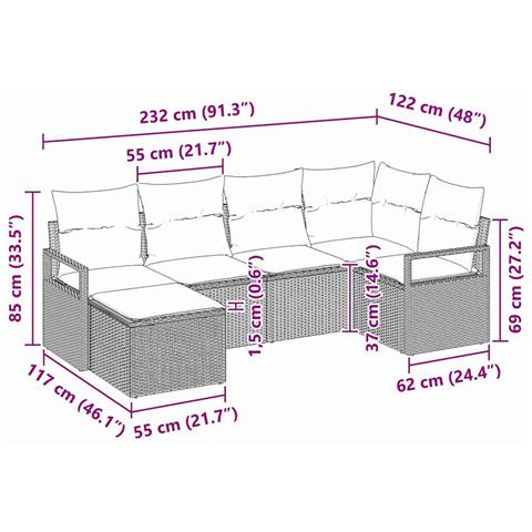 Set di divano da giardino a 6 pezzi con cuscini Nero Rattan Polipropilene, Divano da giardino a 2 posti con cuscini Nero Rattan Polipropilene - Foto 9