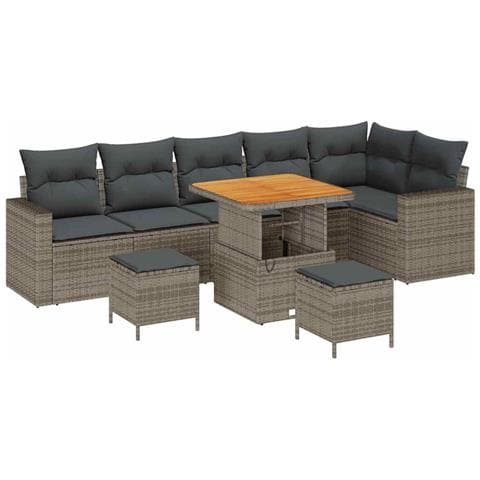 Set Divano da Giardino da 9 Pezzi con Cuscini Grigio Polyrattan Acacia,  Set da Pranzo da Giardino da 3 Pezzi con Cuscini Grigio Polyrattan Acacia - Foto 1