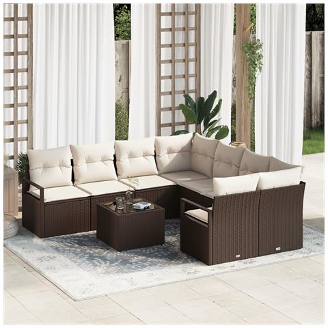 Set divano da giardino a 9 pezzi con cuscini in polyrattan marrone, Divano da giardino da due posti con cuscini in polyrattan marrone - Foto 2