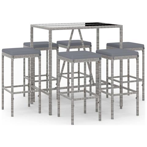 Set Bar da Giardino 7 pz con Cuscini in Polyrattan Grigio - Foto 1