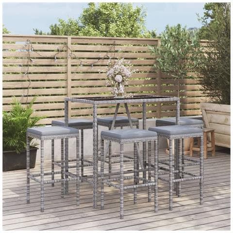 Set Bar da Giardino 7 pz con Cuscini in Polyrattan Grigio - Foto 2