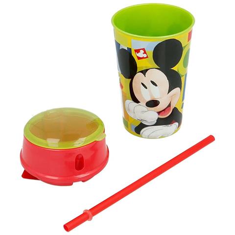 Bicchiere Da Merenda Per Bambini Con Scomparto E Cannuccia 400 Ml Decorazione Cartoon, Rosso / Giallo - Foto 2