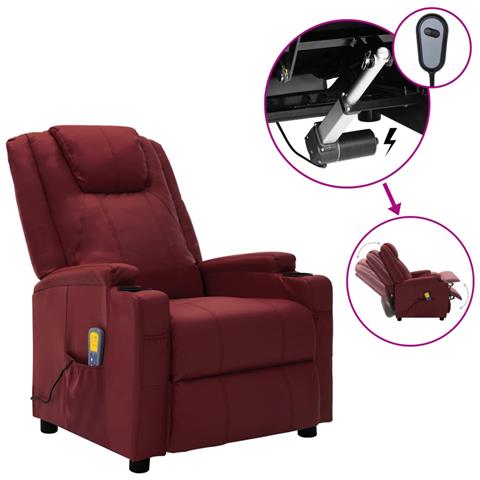 vidaXL Poltrona Alzapersone Massaggi Reclinabile Rosso Vino Similpelle