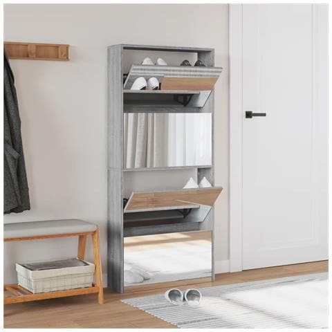 Scarpiera Con Specchio A 4 Livelli Grigio Sonoma 63x17x134 Cm - Foto 3