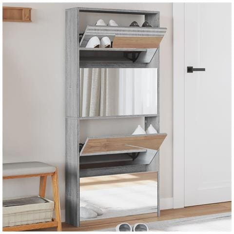 Scarpiera Con Specchio A 4 Livelli Grigio Sonoma 63x17x134 Cm - Foto 1