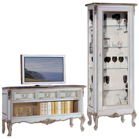 Parete Attrezzata Classica Legno Shabby Bianco Argento Dx - Foto 1