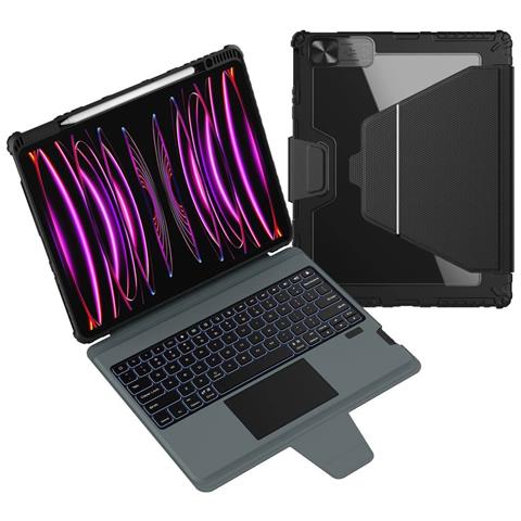 Custodia Con Tastiera Retroilluminata Per Ipad Pro 12,9“ / Air 13” Link Paraurti Rinforzato, Nero - Foto 2