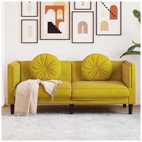 Divano a 2 Posti con Cuscini Giallo in Velluto - Foto 2