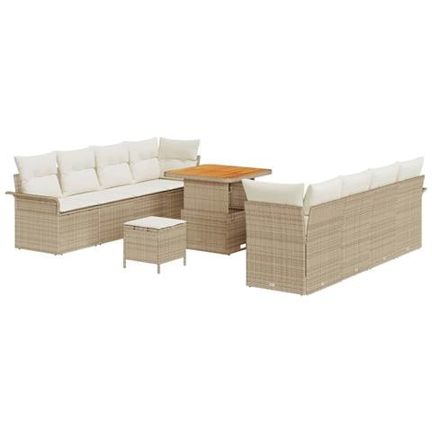 Set di Divani da Giardino  11 Pezzi con Cuscini Beige Polyrattan Acacia, Divano da Giardino  2 Posti con Ripostiglio e Cuscini Beige Polyrattan, Set da Pranzo da Giardino  3 Pezzi con Cuscini Beige Polyrattan Acacia - Foto 1