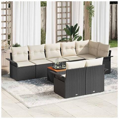 Set Divani Giardino 9 Pezzi Cuscini Rattan Nero Acacia,  Divano Giardino 2 Persone Ripostiglio Cuscini Rattan Nero - Foto 2