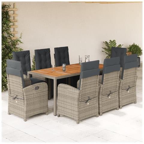 Set da Pranzo da Giardino 9 pz con Cuscini in Polyrattan Grigio - Foto 2