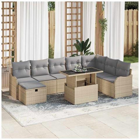 Set Divano da Giardino con cuscino 9 pcs Beige Poly Rattan - Foto 2