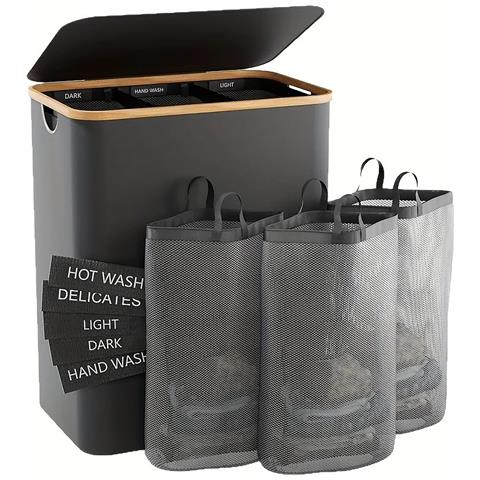 Cesto Portabiancheria Multifunzionale Con 3 Sacchi A Rete E Etichette Di Smistamento - Cesto Pieghevole In Tessuto Oxford Black - Foto 1