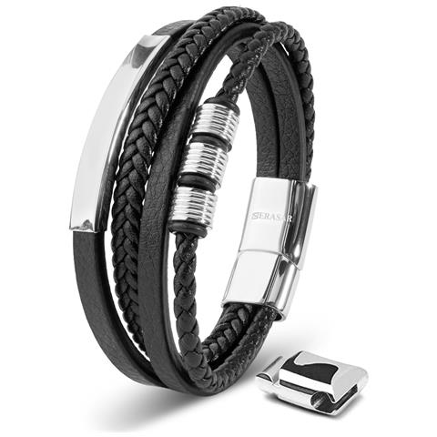 Bracciale in Pelle per Uomo, ""Brave"", 20cm, Argento - Foto 1