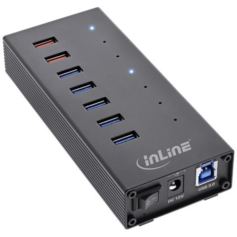 USB 3.2 Gen. 1 7 porte Hub Custodia in alluminio con alimentatore, nero - Foto 1