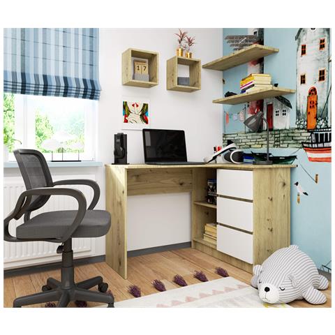 Scrivania ad angolo B16 destro, 3 cassetti, 124x85x77 cm, Colore Quercia Artisan e Bianco - Foto 4