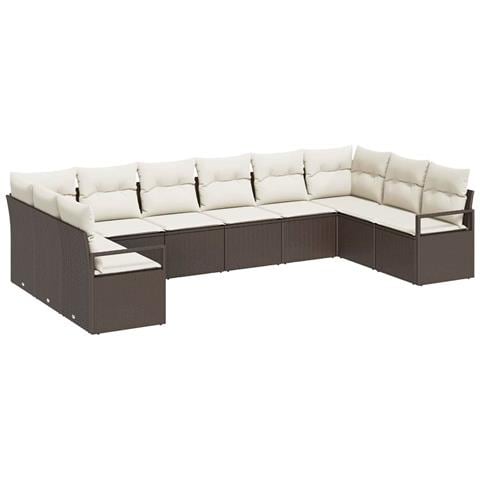 Set da giardino da 10 pezzi con cuscini in polyrattan marrone, Divano da giardino a 2 posti con spazio di archiviazione e cuscini in polyrattan marrone - Foto 1