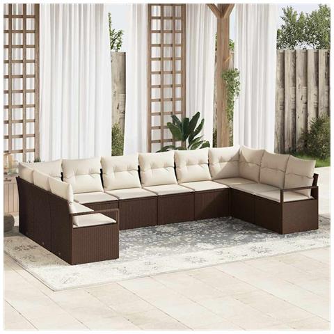 Set da giardino da 10 pezzi con cuscini in polyrattan marrone, Divano da giardino a 2 posti con spazio di archiviazione e cuscini in polyrattan marrone - Foto 2
