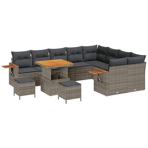 Set divani giardino a 12 pezzi con cuscini Grigio Polirattan Acacia,  Set pranzo giardino a 3 pezzi con cuscini Grigio Polirattan Acacia - Foto 1