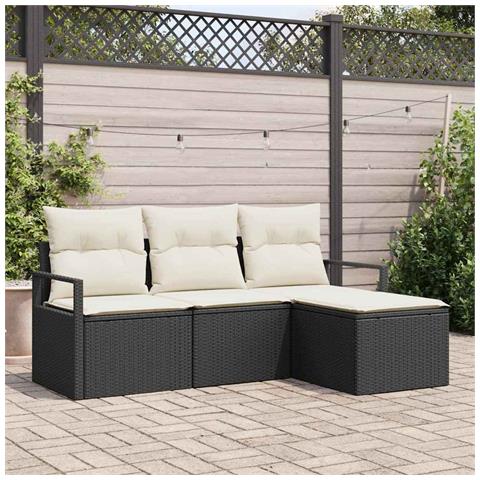 Set Divano da Giardino 4 Pezzi con Cuscini Nero Polyrattan, Divano da Giardino a 2 Posti con Cuscini Nero Polyrattan - Foto 2