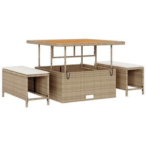 Set da pranzo da giardino 3 pezzi con cuscini in polyrattan beige e acacia - Foto 1