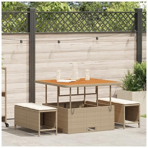 Set da pranzo da giardino 3 pezzi con cuscini in polyrattan beige e acacia - Foto 2