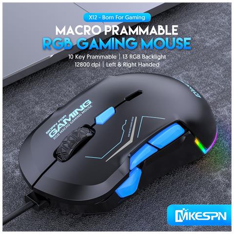 Mouse Da Gioco Cablato Rgb A 10 Pulsanti Con Dpi 12800 E Illuminazione Dinamica Black+blue - Foto 7