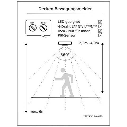 Lampada Da Soffitto-rilevatore Di Movimento ""cbm-flat"" 360° 230 V, 1-2000w, 6 M, Adatta A Lampadine A Led, Bianco - Foto 3