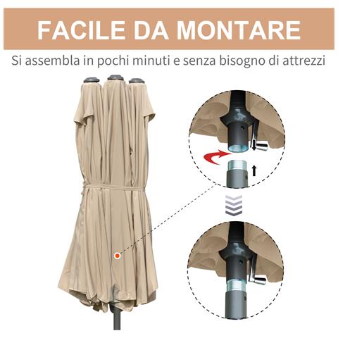 Ombrellone da Giardino Doppio 460x270cm Apertura a Manovella, Base a Croce e Zavorra, Acciaio e Poliestere Khaki - Foto 2