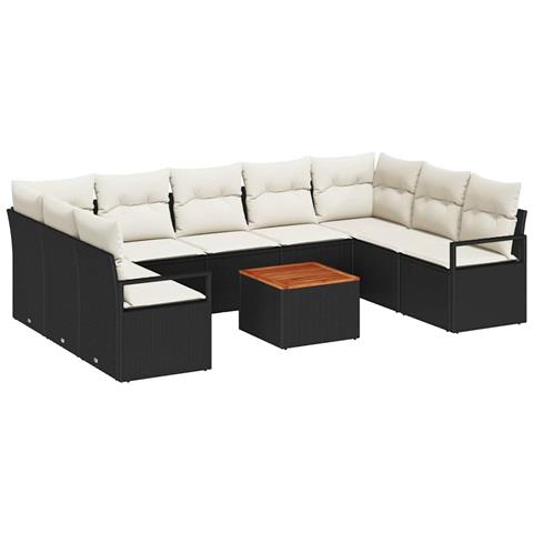 Set da giardino da 10 pezzi con cuscini Nero Polyrattan Acacia, Divano da giardino a 2 posti con cuscini Nero Polyrattan - Foto 1