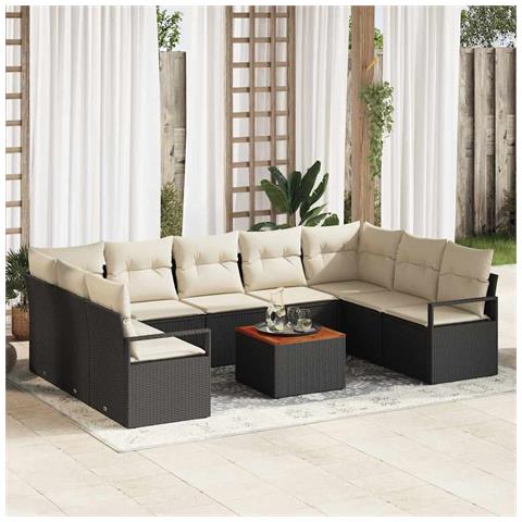 Set da giardino da 10 pezzi con cuscini Nero Polyrattan Acacia, Divano da giardino a 2 posti con cuscini Nero Polyrattan - Foto 2